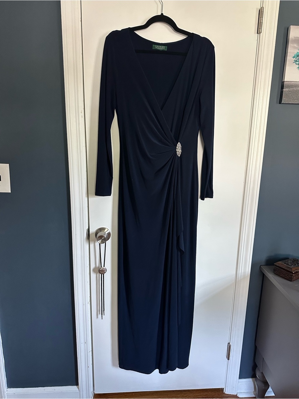 Ralph Lauren Navy Long-Sleeve Faux-Wrap Dress with Brooch